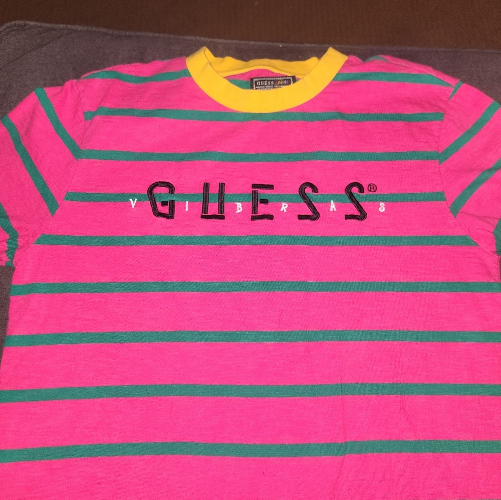 GUESS  Pink and Green Striped T-Shirt